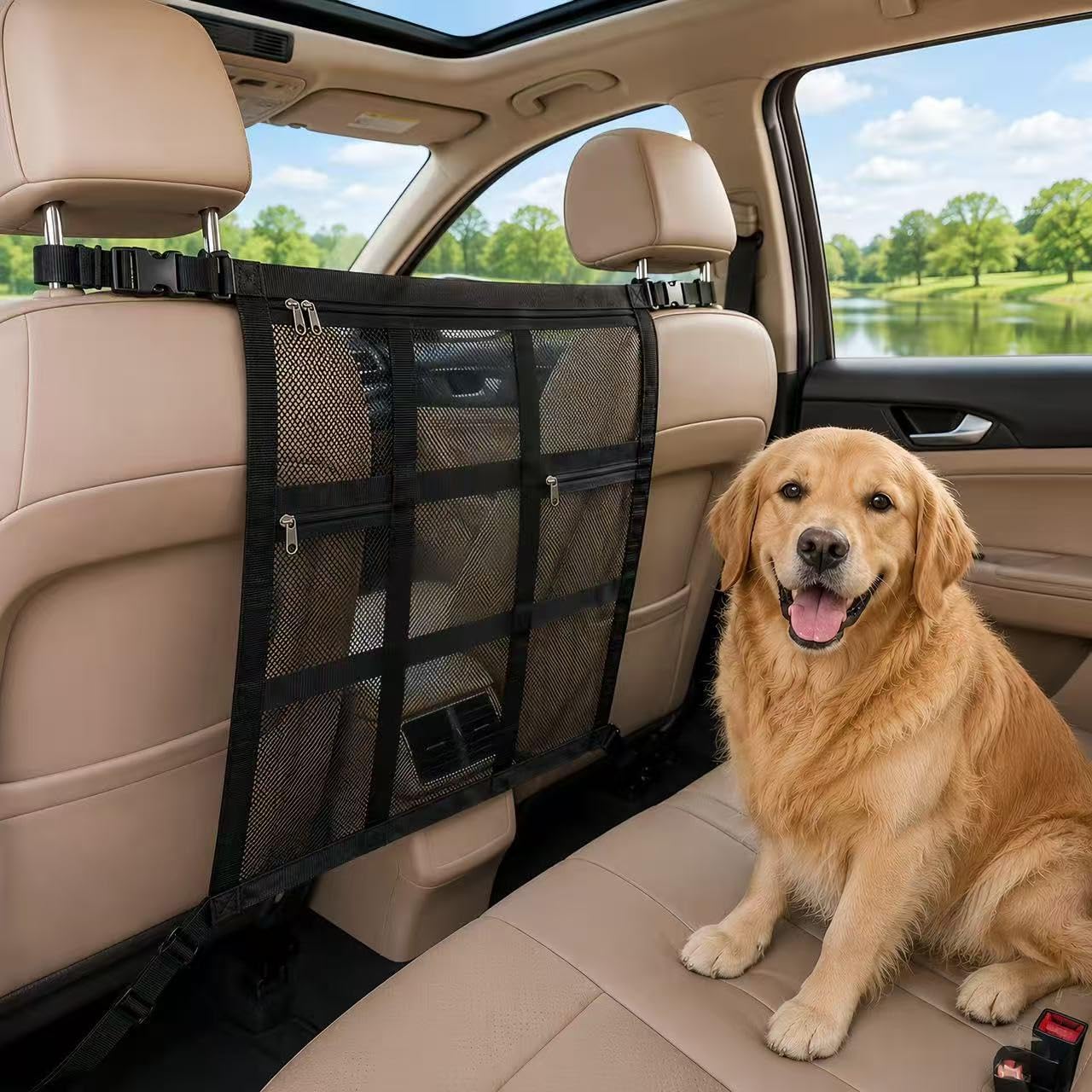 Dog Car Barrier 2026 Upgrade, Double Layer Mesh Dog Net for Car Divider with Storage Organizer, Universal Fit for SUVs, Sedans & Trucks, Easy to Install & Breathable Vehicle Travel Fence
