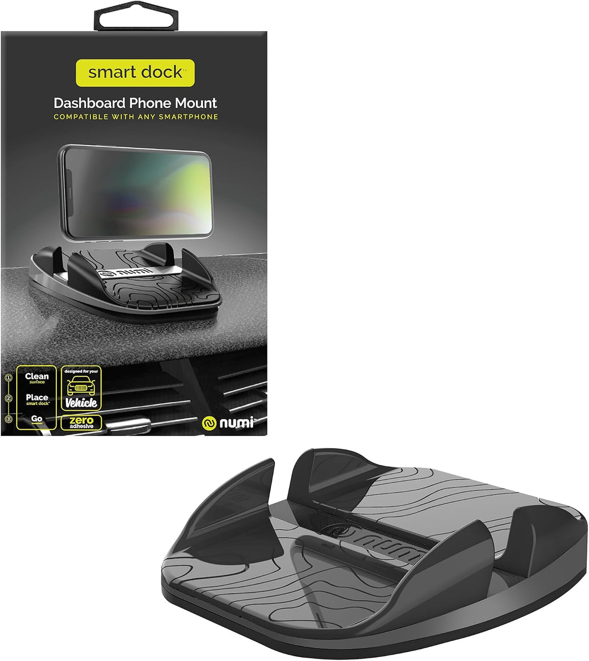 Numi Smart Dock Dashboard Cell Phone Holder - Dashboard Sticky Pad Technology - View Your Phone On Your Dash - Works with All Cars, and with All Smartphones (Black)