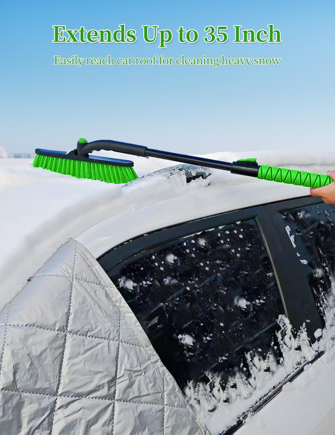 HEEYA Snow Brush for Car, Extendable Snow Brush and Ice Scraper with Foam Grip, Car Window Scraper for Snow and Ice for SUV Truck Auto RV Vehicle Windshield - Green
