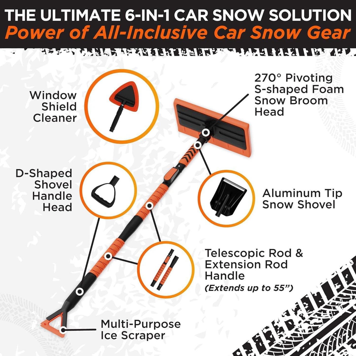 RoofPax 55" Ice Scrapers for Car Windshield and 270° Pivoting Non-Scratch Snow Brush Winter Car Kit with Snow Shovel Snow Brush for Cars and Snow Scraper with Extendable Snow Shovel for Car