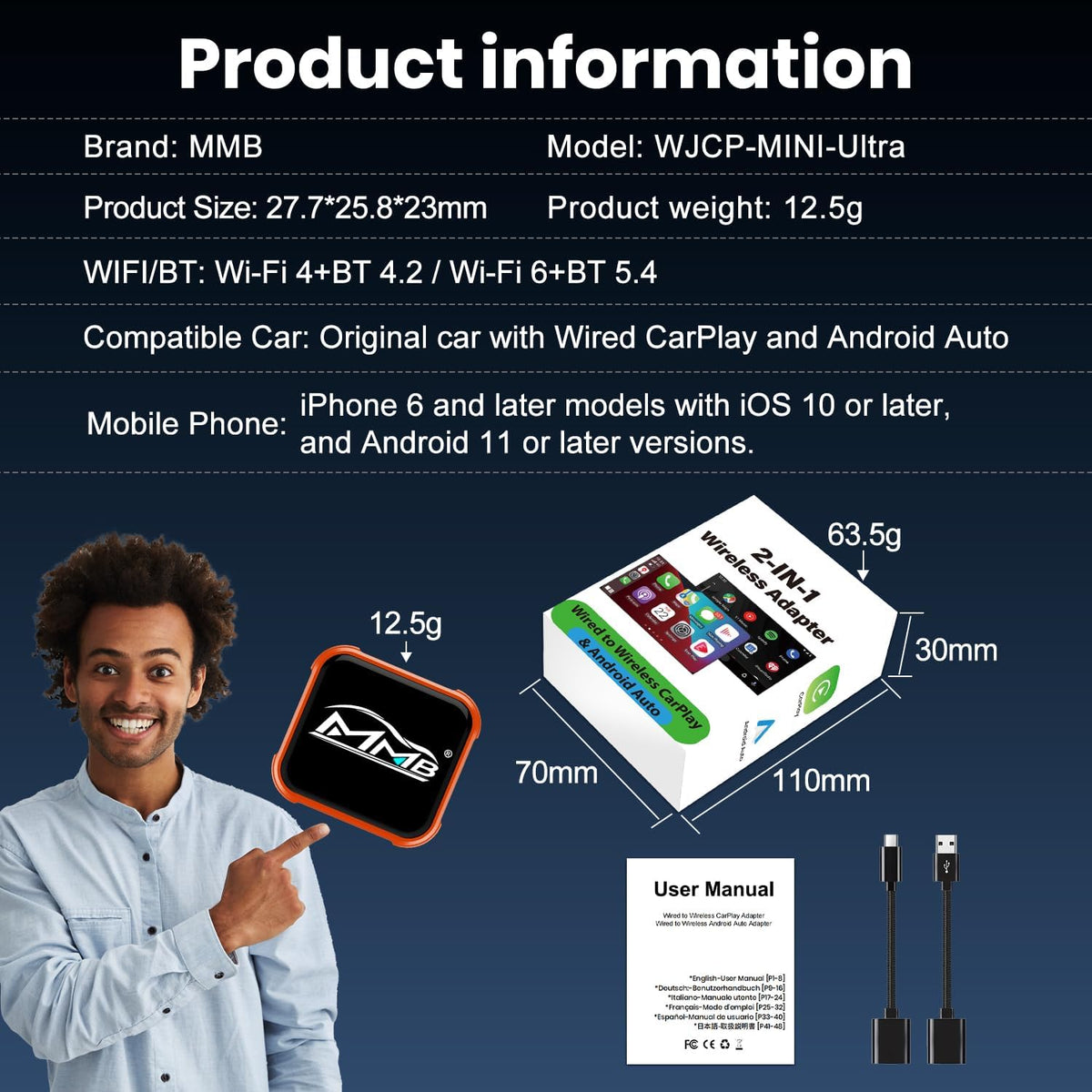 MMB Wireless CarPlay Adapter for iPhone＆Android Auto, Fast Auto-Connect, WiFi 6, Bluetooth 5.4, Convert Wired to Wireless, No Delay, USB-C/USB-A/Extension Cable, Compatible with iOS10+/Android 11+