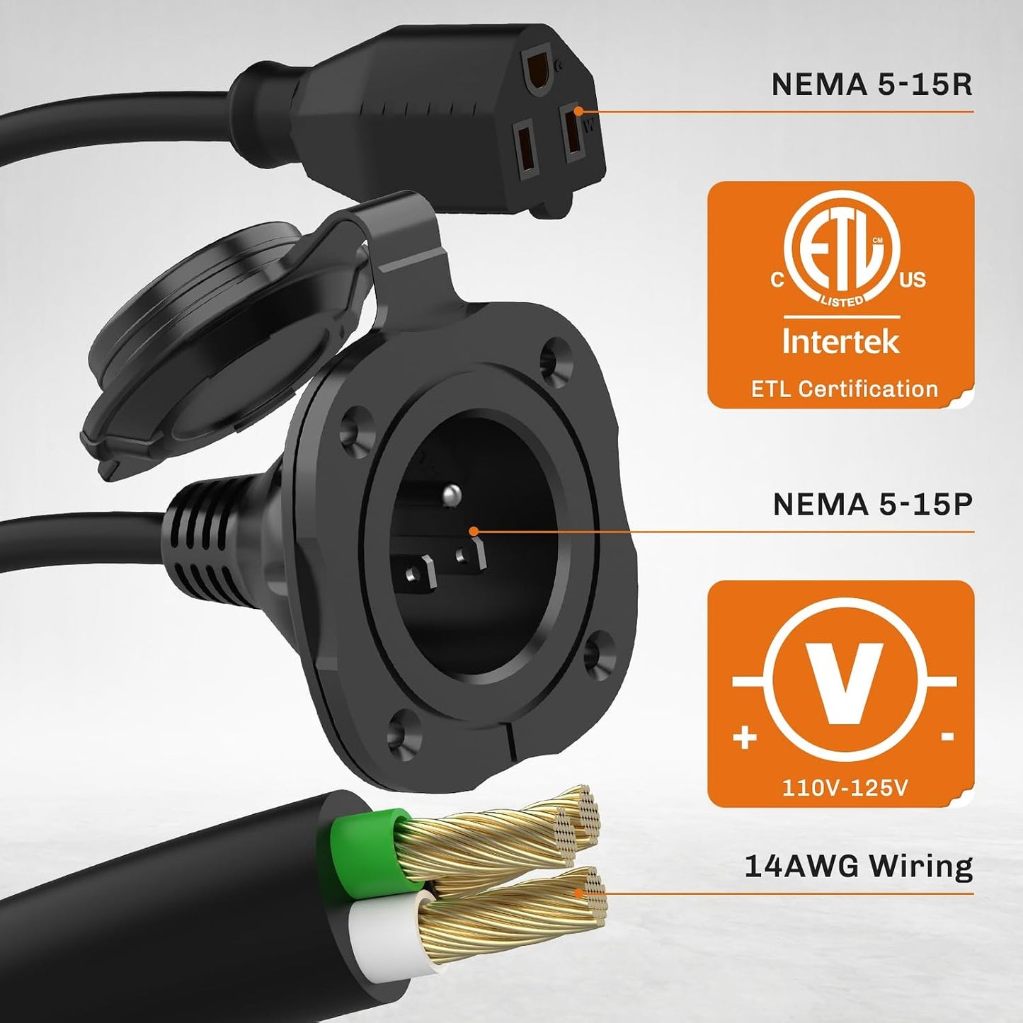 WELLUCK RV Shore Power Inlet Charger Plug 15 Amp 125V AC Power Inlet Port Plug with Integrated Dual 18" Extension Cord, RV Flanged Inlet with Waterproof Back Cover Y Splitter Cable for RV Trailer Boat