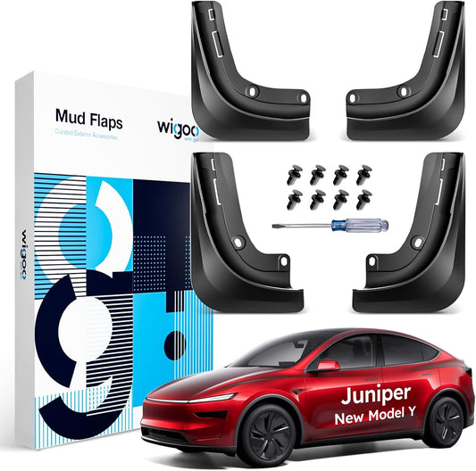 Wigoo New Tesla Model Y Juniper Accessories Mud Flaps No Drilling [Stay Clean, Protect Paint] All Weather Guards Body Kits for Model Y 2025 2026 Juniper, Thicker Version (Set of 4), Not for Model Y L