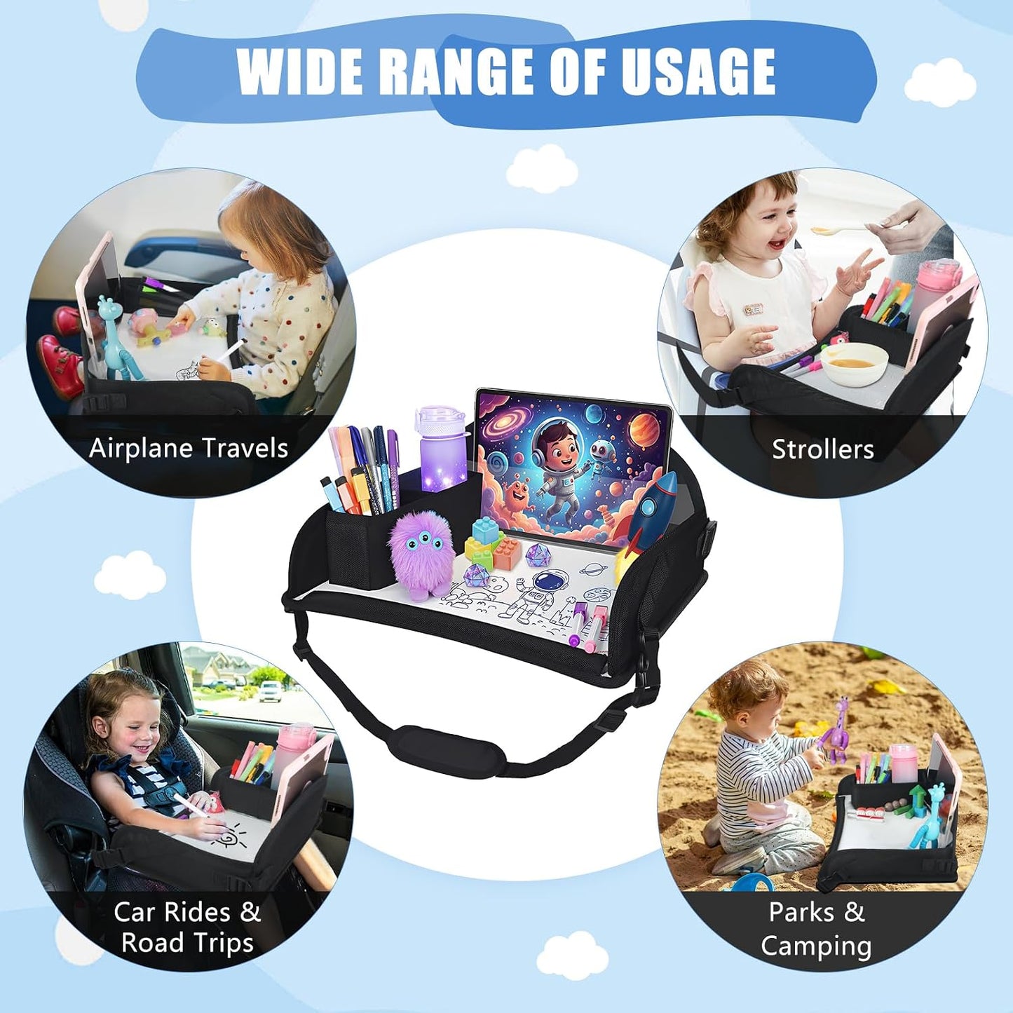 Upgraded Kids Travel Tray for Airplane - Toddler Car Seat Table Tray, Road Trip Essentials for Boys & Girls, Carseat Lap Desk for Kids Road Trip Activities, Black - 2 PCS
