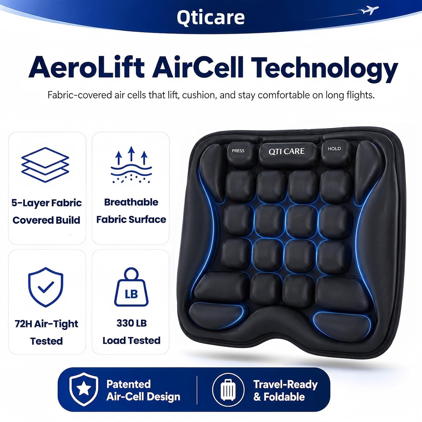 Airplane Seat Cushion, Air-Cell Travel Cushion for Long Flights, Inflatable Portable Seat Pad with Built-in Pump for Air Travel, Car, Office Chair and Wheelchair
