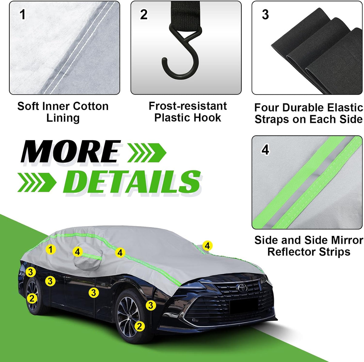 Half Car Cover with Green Reflective Strip, Windshield Cover for Ice and Snow with Cotton Liner, Hail Protector Car Cover Waterproof All Weather for Snow, Sun, Rain, Dust, UV Protection Fit SUV M