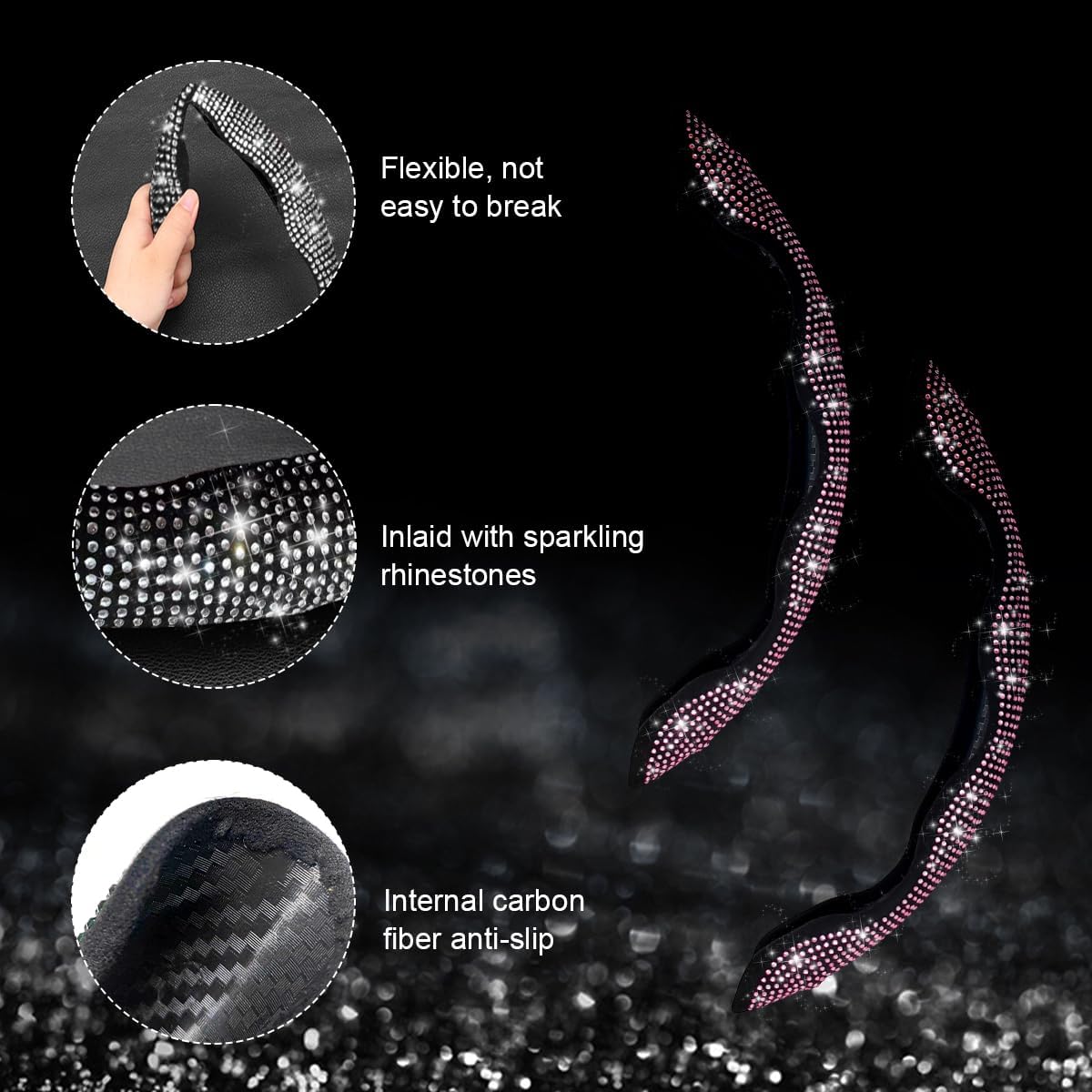 Yourkar 2 PCS Steering Wheel Cover, 15 Inches Crystal Diamond Bling Cover for Auto Steering Wheels, Safety Non-Slip Universal Fit Sparkly Steering Wheel Cover, Car Accessories (Pink)