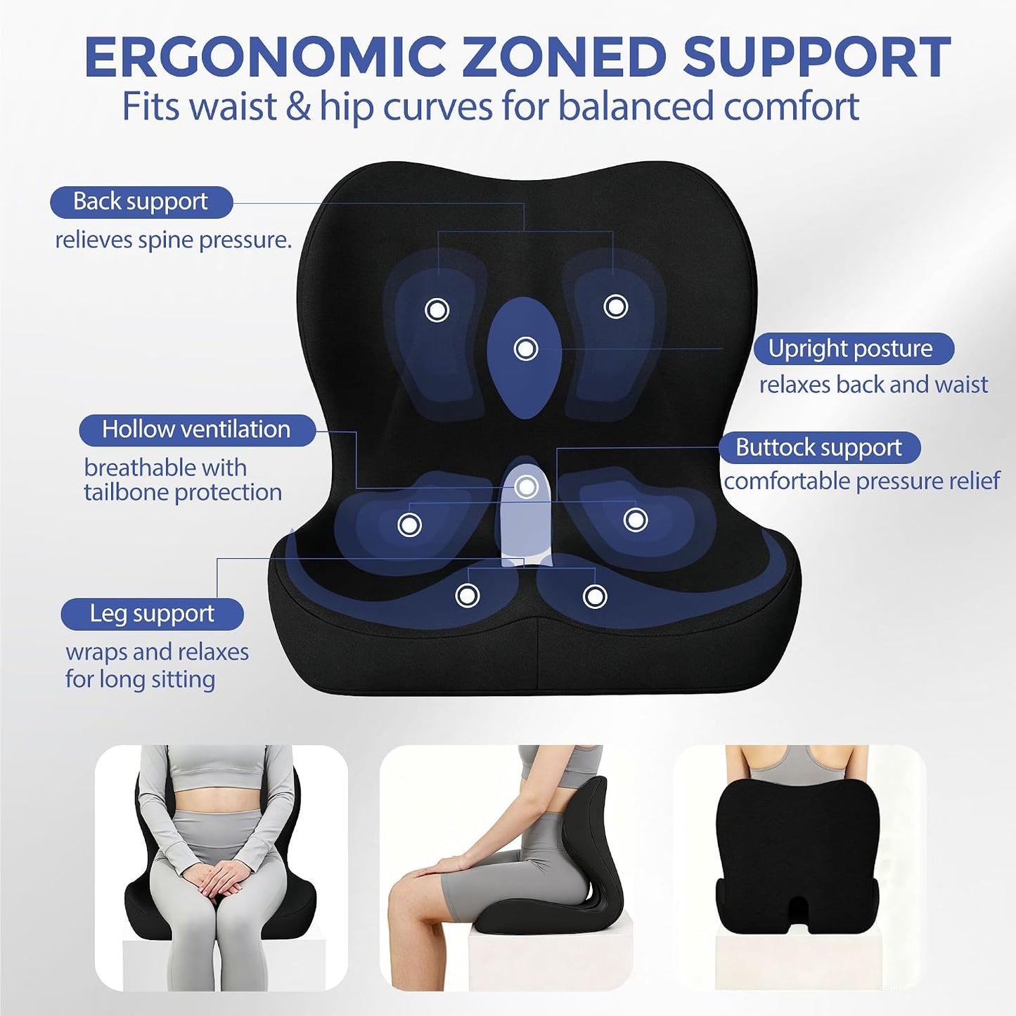 Seat Cushion for Office Chair and Car, Ergonomic Memory Foam Seat Cushion with Lumbar Support Pillow, Orthopedic Cushion for Sciatica & Back Pain, Black