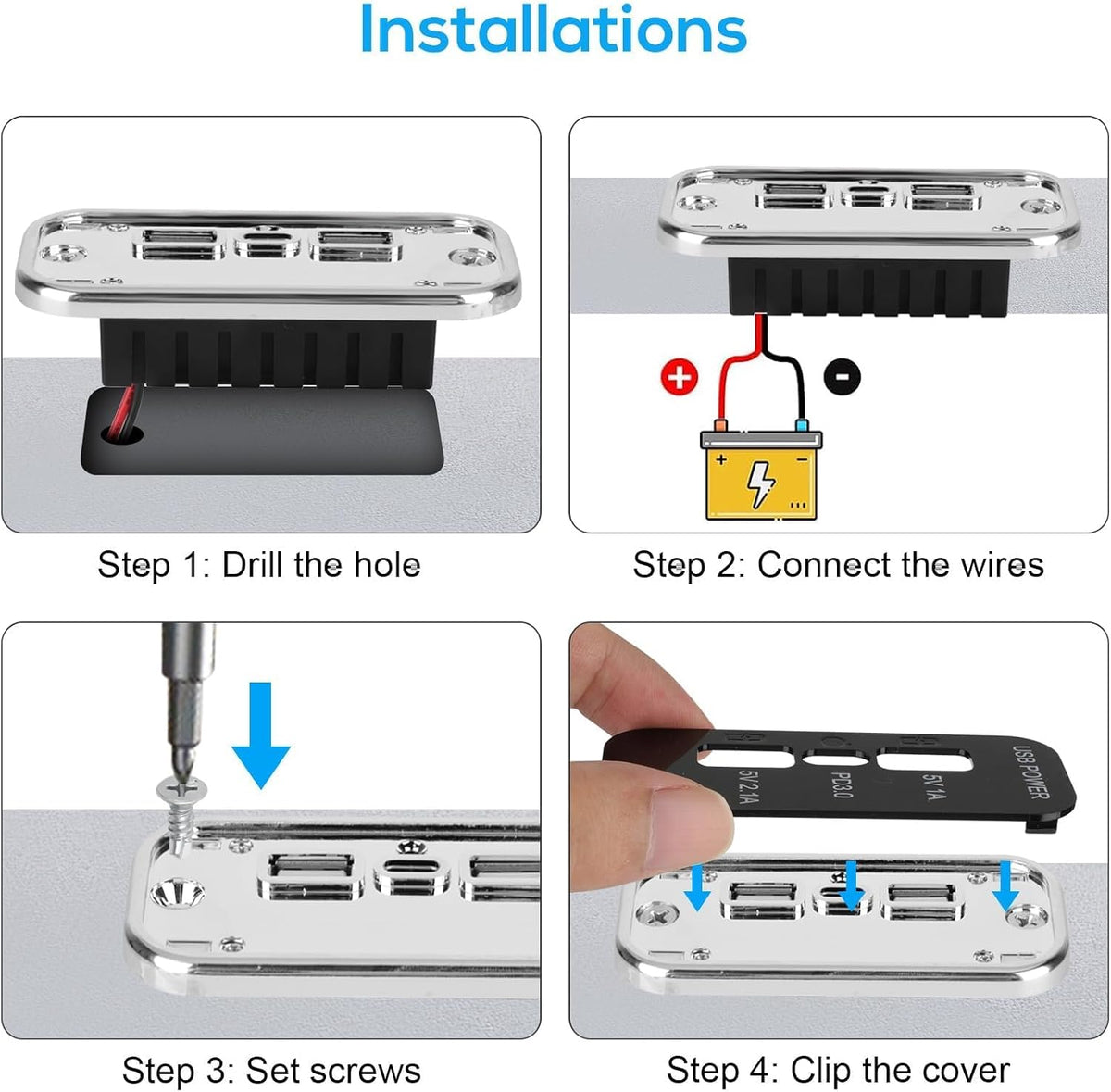 Linkstyle 12V USB Outlet, Dual USB A & 18W USB C Fast Charger Socket Panel with LED Light Flush Mount for Car Marine RV Truck