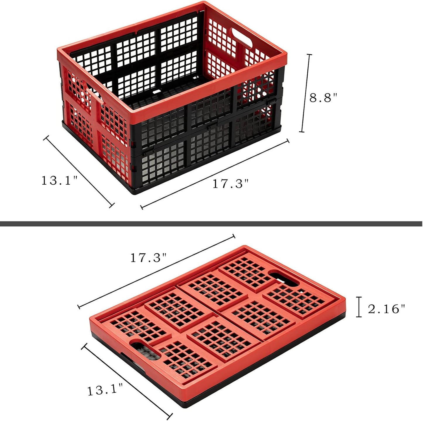 Eslite 34L Large Plastic Folding Storage Crates,Collapsible Crates for Storage,Pack of 3 (Black+Red)
