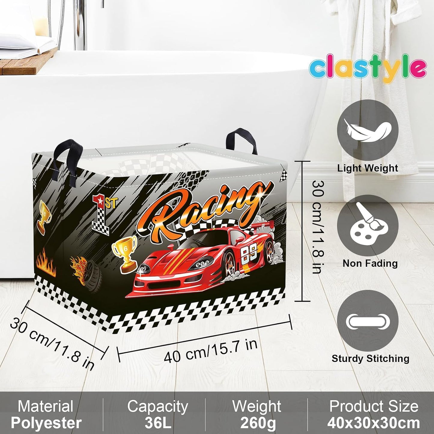 Clastyle Sport 3D Racing Car Boy Room Basket Racing Flag Monster Truck Toy Book Shelf Basket Large Rectangle Collapsible Dirty Clothes Storage Bin, Black, 40 * 30 * 30 cm