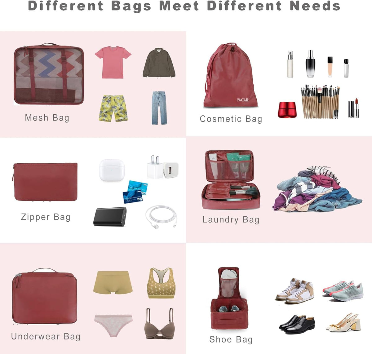 BAGAIL 8 Set Packing Cubes Luggage Packing Organizers for Travel Accessories-Wine Red