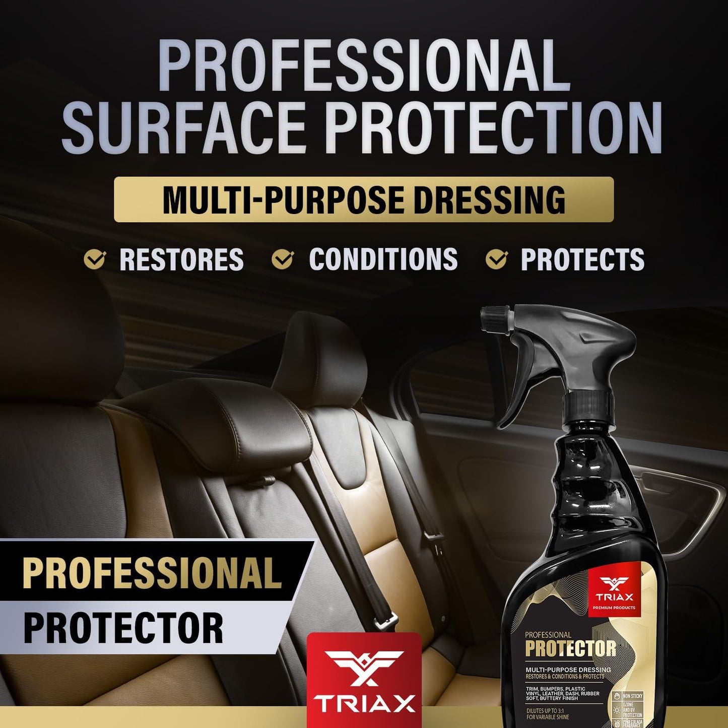 Triax Professional Protector & Dressing - Restores, Conditions, Protects Bumpers, Plastic, Vinyl, Leather, Dash, and Rubber Surfaces (Pack of 2-23 Ounce)