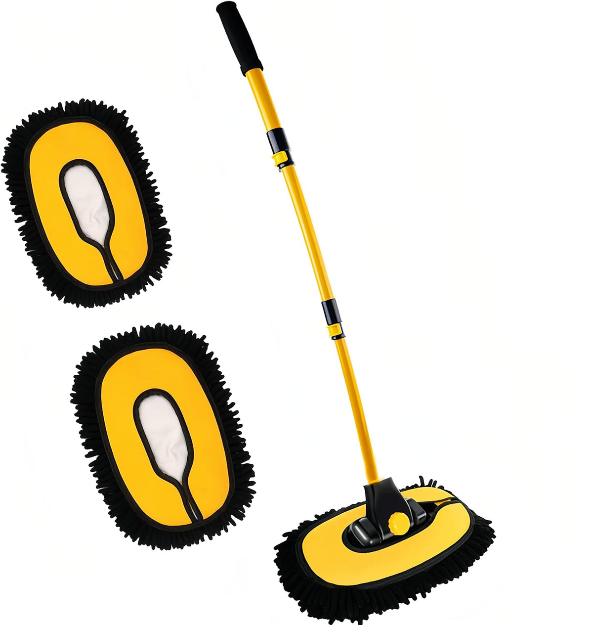 Mveqrrn15°Curved Chenille Car Wash Brush, Extendable Long Handle Mop-Yellow