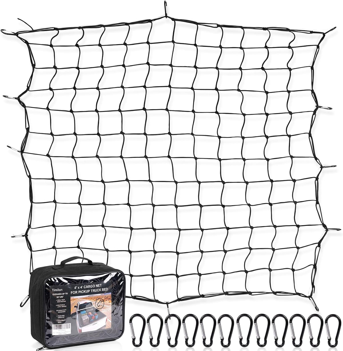 Cargo Net for Pickup Truck Bed 3'x4' Stretches to 6'x8' Heavy Duty Truck Bed Cargo Net 12 Tangle-Free Clip Carabiners and 1 Storage Bag Small 4" x 4" Mesh Universal Car Organizer Net for Large Loads