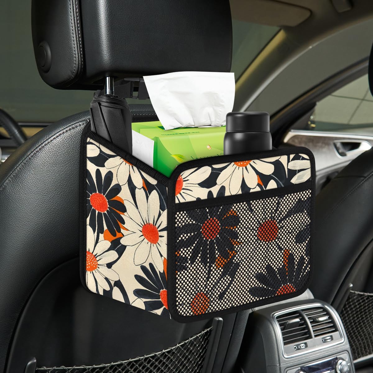 Car Backseat Organizer, PU Leather Back of Seat Cars Hanging Organizer with Pockets Leakproof Car Garbage Bag Hanging Cars Seat Storage Box Travel Accessories Foldable (Flower Orange)