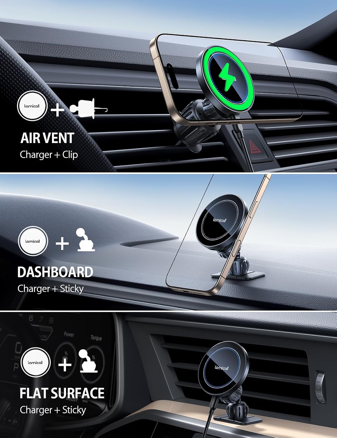 Lamicall 15W for MagSafe Car Mount Charger Vent Dashboard 360° for iPhone