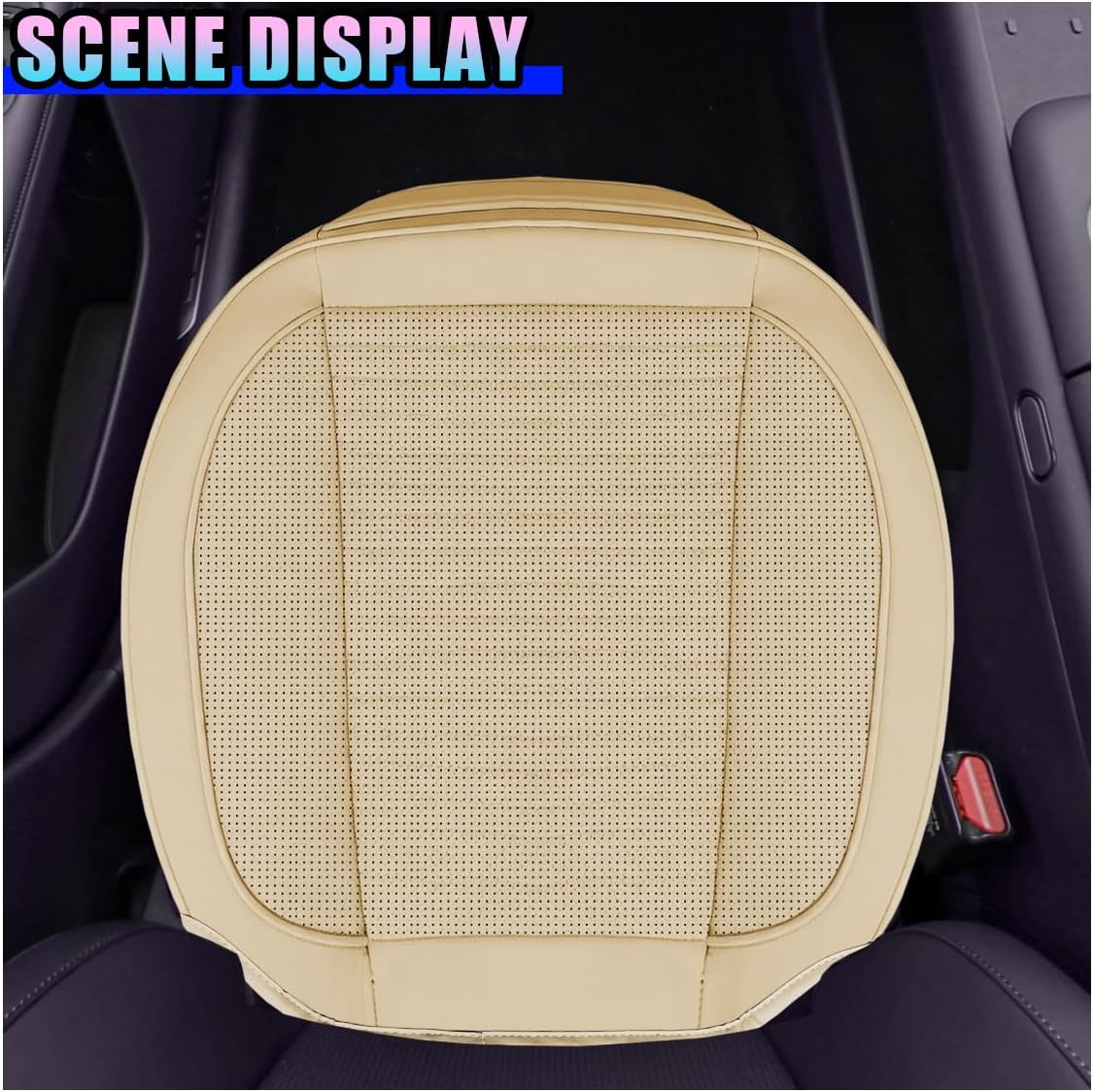 KPFILEH Car Front Bottom Seat Cover, Leather Anti-Slip Seat Cushion Pad with Storage Pocket, Breathable Full Wrapping Edge Seat Protector, Universal Auto Interior Accessories for Cars SUV Truck(Beige)