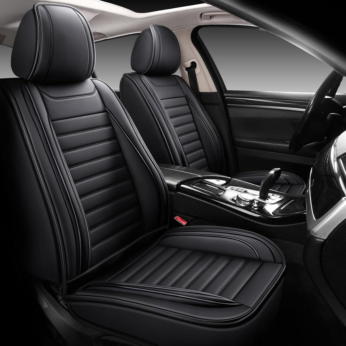 MINGBRON Black Car Seat Cover with Lumbar Support, Car Seat Protector Waterproof, Nappa Leather Car Seat Cushion, Car Seat Covers Front Seats and Back Fit for Most Cars