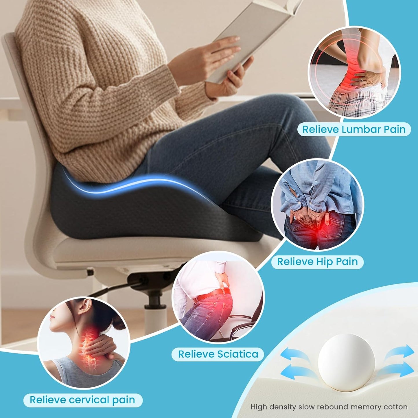 Seat Cushion,Ergonomic Chair Cushions for Sit Bone Tailbone Pain Relief,Sciatica &amp; Back Support,Memory Foam Butt Pillow for Office,Car,Home,Gaming,Wheelchair