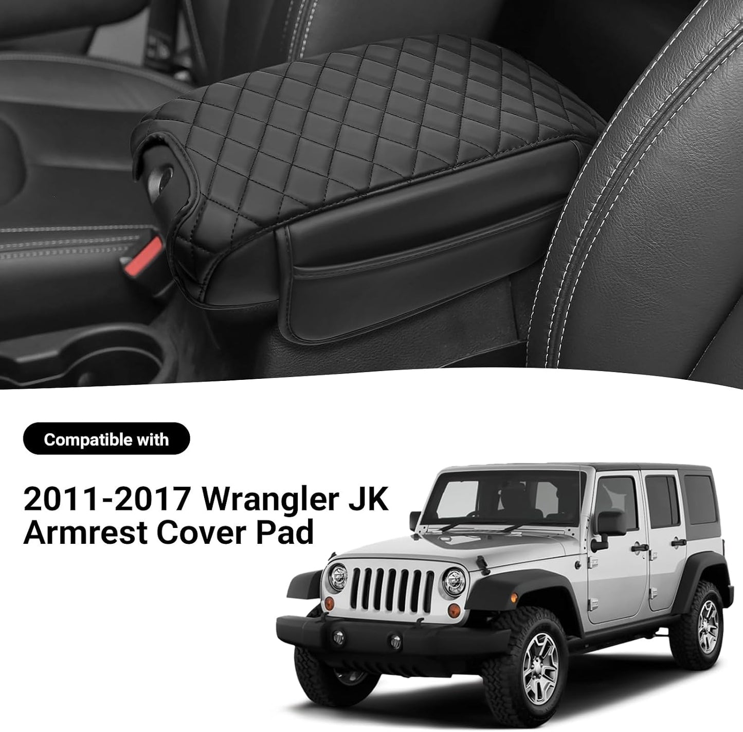 Center Console Armrest Cover Compatible with 2011-2017 Jeep Wrangler JK Accessories Black Leather Arm Rest Lid Protector with Storage Pockets