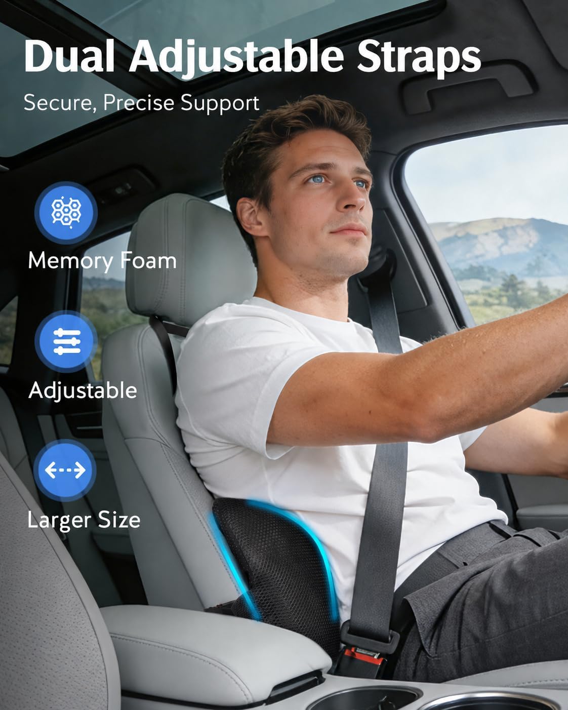 YFONG Lumbar Support Pillow for Car Seat, Back Support with Adjustable Straps Securely Fixed for Driving Seat Pain Relief, Office Chair Car Essentials Back Cushion, Black