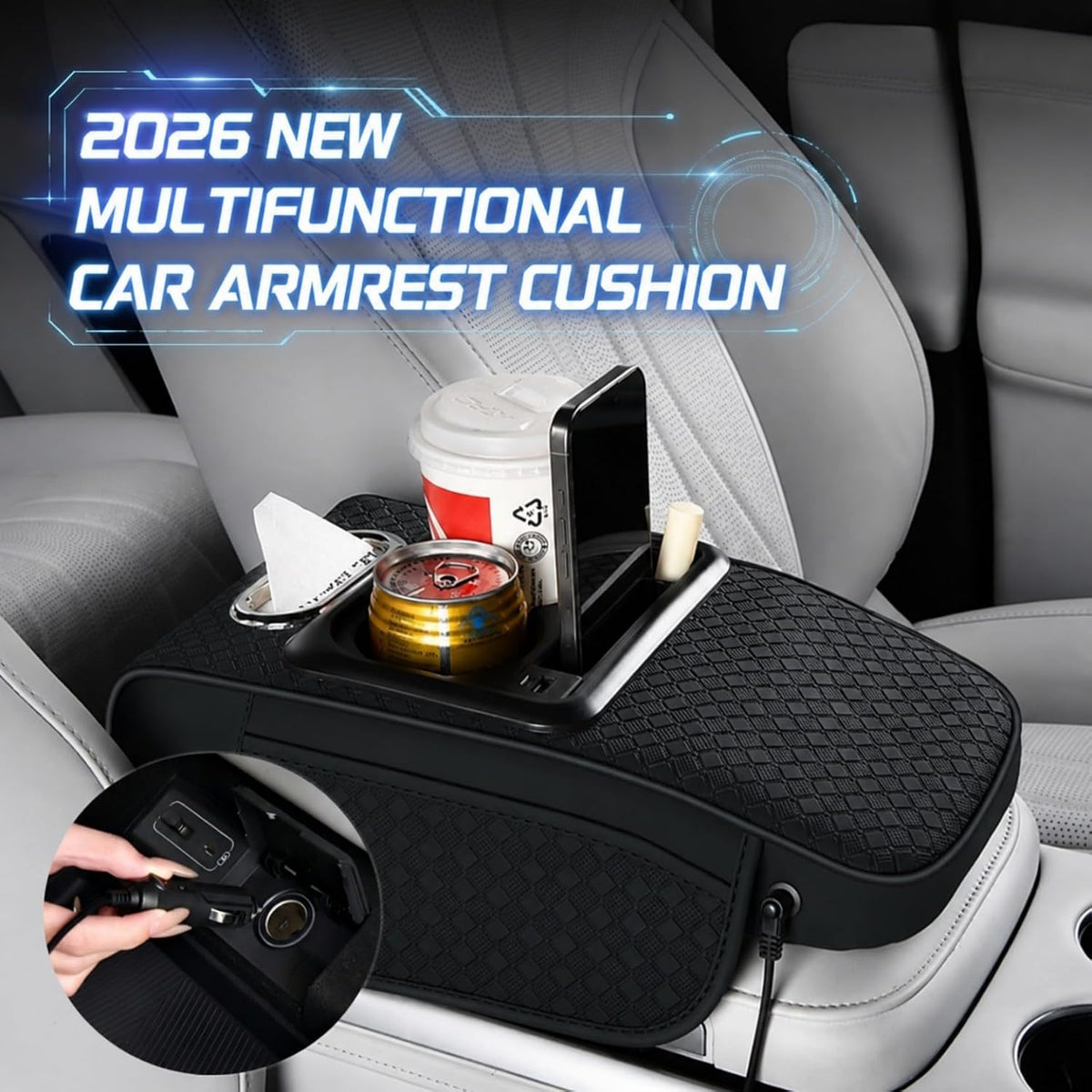Car Center Console Armrest Cushion with USB& Type-C Charging Ports, Multifunction Armrest Organizer with Cup Holder, Tissue&Phone Slot, Side Pocket, Sloped Arm Rest Pad for Cars SUVs (Light-Beige)