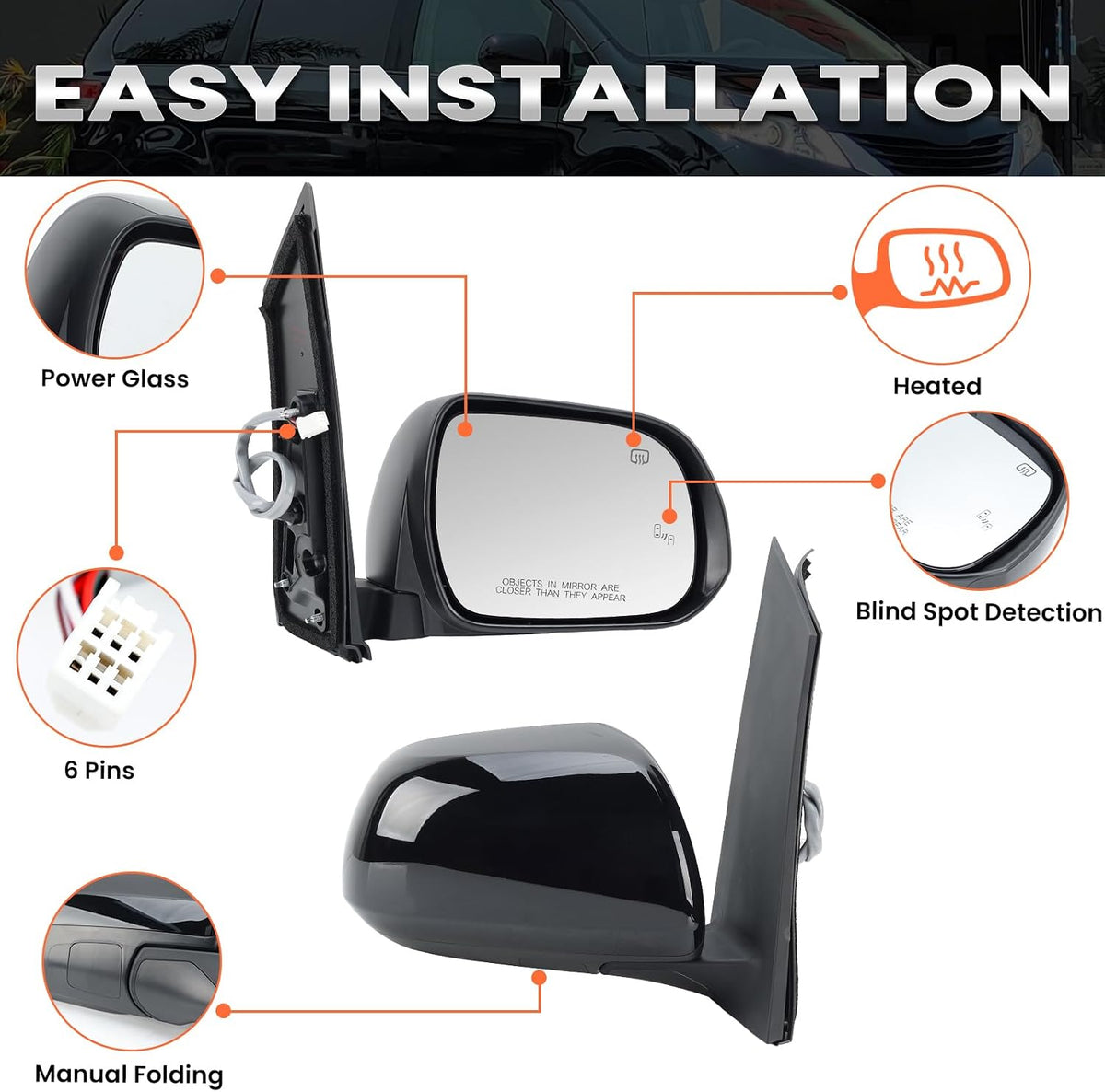 Right Passenger Side Mirror Compatible with Toyota Sienna 2013-2017 Heated, with Blind Spot Detection, Power Glass, Manual Folding, 6H6P, Door Mirrors Black Replace# 87910-08113, TO1321301