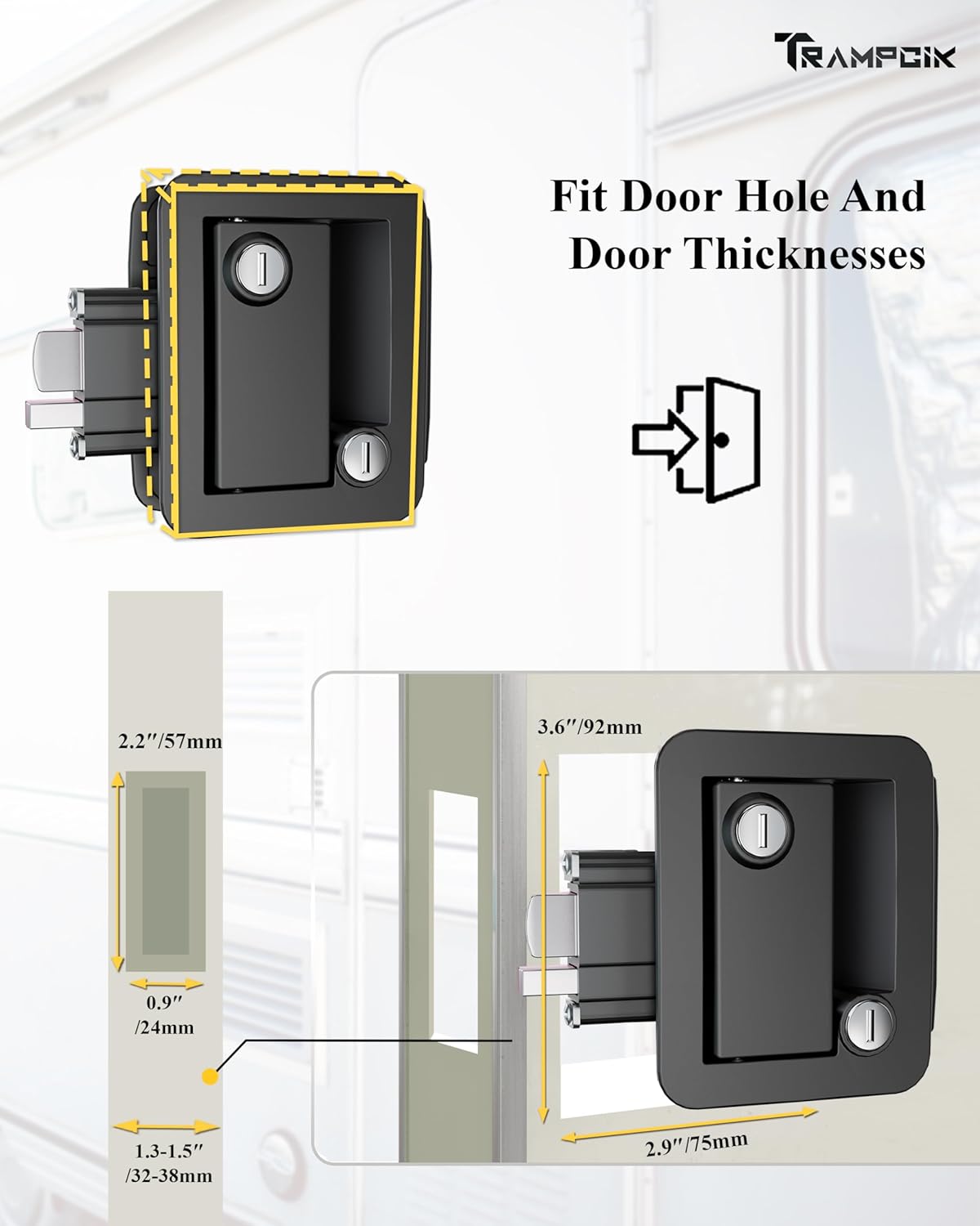 Engineering Plastic Camper Door Lock, RV Door Lock Replacement, Fit 3.65" x 2.95" Hole, for Motorhome,RV Camper,Entrance Front Door, 1 Lock+4 Key Aliked