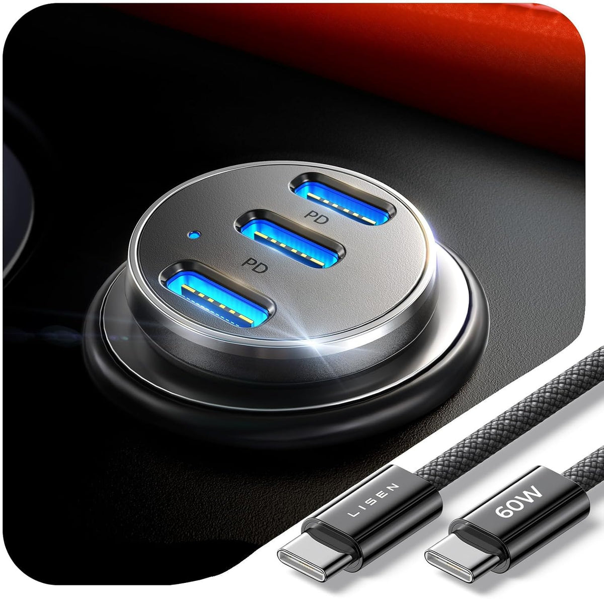 LISEN 108W Car Charger USB C Fast Charging for iPhone Duo 3-Port Cigarette Lighter Adapter Super Fast Charge 12V Type C Cell Phone Automobile Chargers for iPhone 18 17 16 15 Pro Max Samsung S26 Pixel