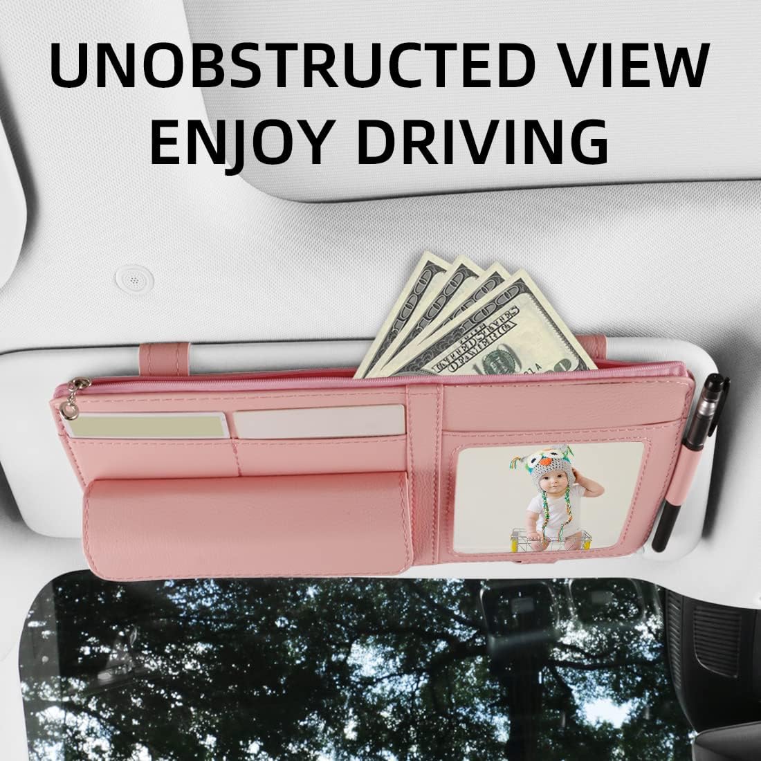 Visor Document Holder for Truck, Car Sun Visor Organizer, Visor Storage Pouch Holder with Sunglasses Clip, Picture Frame, Essential Visor Accessories for Driver Auto Owners Pink