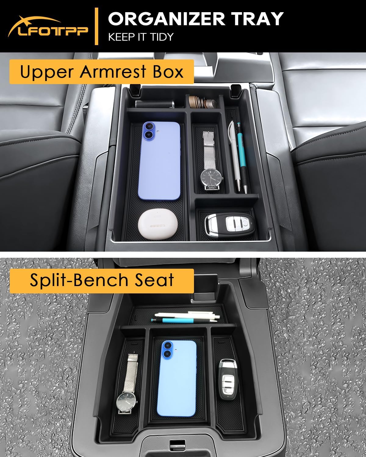 For Chevy Silverado Center Console Organizer - 2 Pack Black - Refreshed Models 2019-2026 Chevy Silverado 1500 & 2020-2026 Silverado 2500HD 3500HD Pickup Truck Accessories - (Split-Bench Folding Seat)