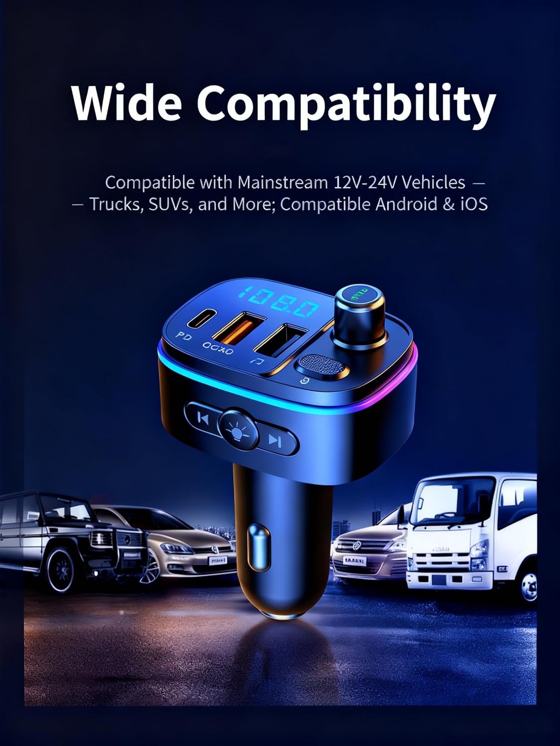 TISONNY Bluetooth FM Transmitter for Car, with Dual Fast Charging (QC3.0 & PD 20W), Qualcomm 5.0 Chip, Hands-Free Calling, Support USB/TF Card Playback, Plug and Play for All Cars