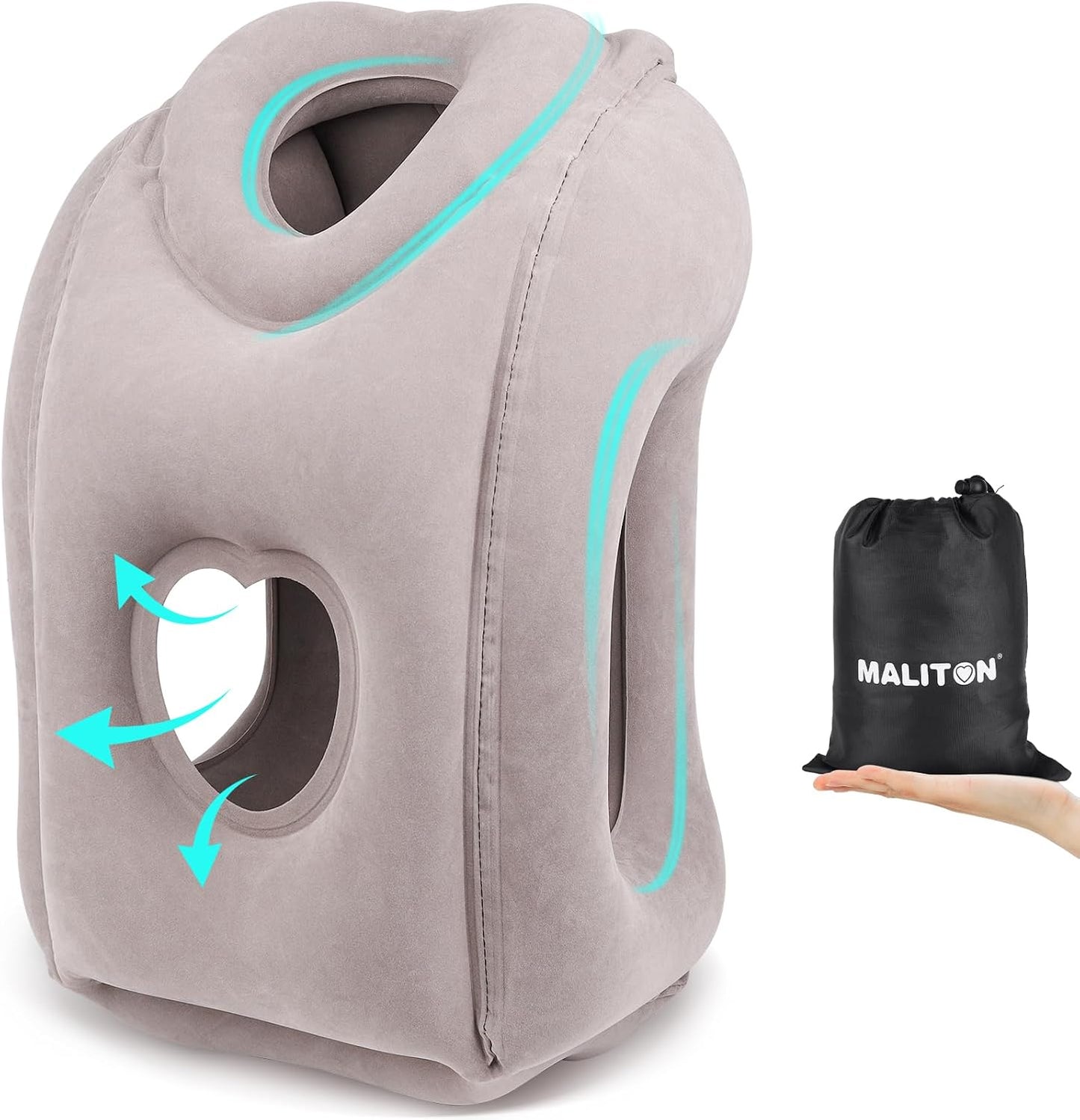 Maliton Inflatable Travel Pillow for Airplane Comfortable Sleeping to Relieve Neck and Shoulder Pain, Support Head Inflatable Pillow for Long Flights, Used for Airplanes, Cars, Trains, Office (Grey)