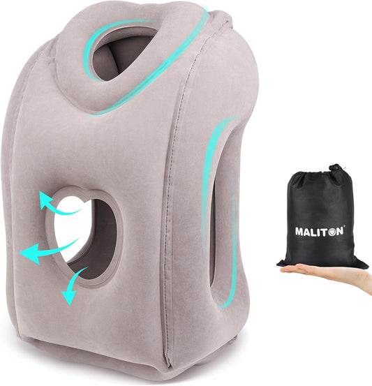 Maliton Inflatable Travel Pillow for Airplane Comfortable Sleeping to Relieve Neck and Shoulder Pain, Support Head Inflatable Pillow for Long Flights, Used for Airplanes, Cars, Trains, Office (Grey)