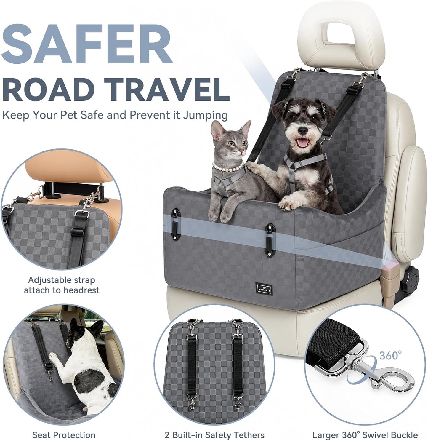 PETSFIT Dog Car Seat for Small/Medium Dogs Up to 35 lbs – Patented Safety System, 5" Memory Foam Pet Booster Car Seat, Fully Detachable and Washable Dog Carseat with 2 Storage Pockets (Grey)