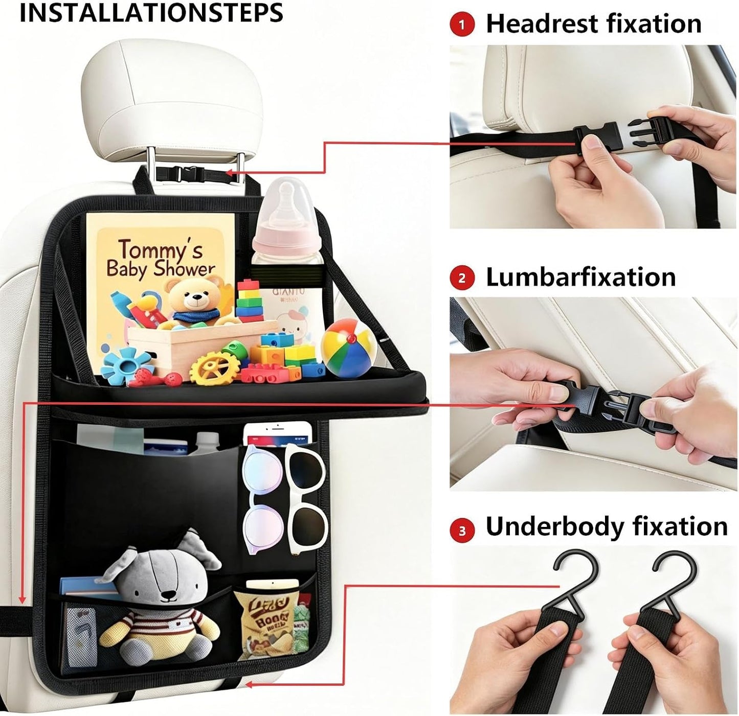 TCJJ Car Seat Organiser, Backseat Car Organizer for Kids, Car Backseat Seat Kick Protector With Tray and Touch Screen Tablet Storage Pockets Black/2 Pack