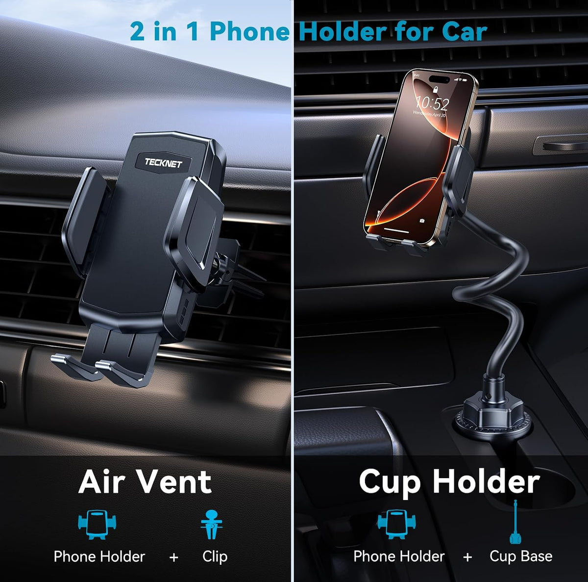 TECKNET Cup Holder Phone Mount,Dual-Mode Fixation System