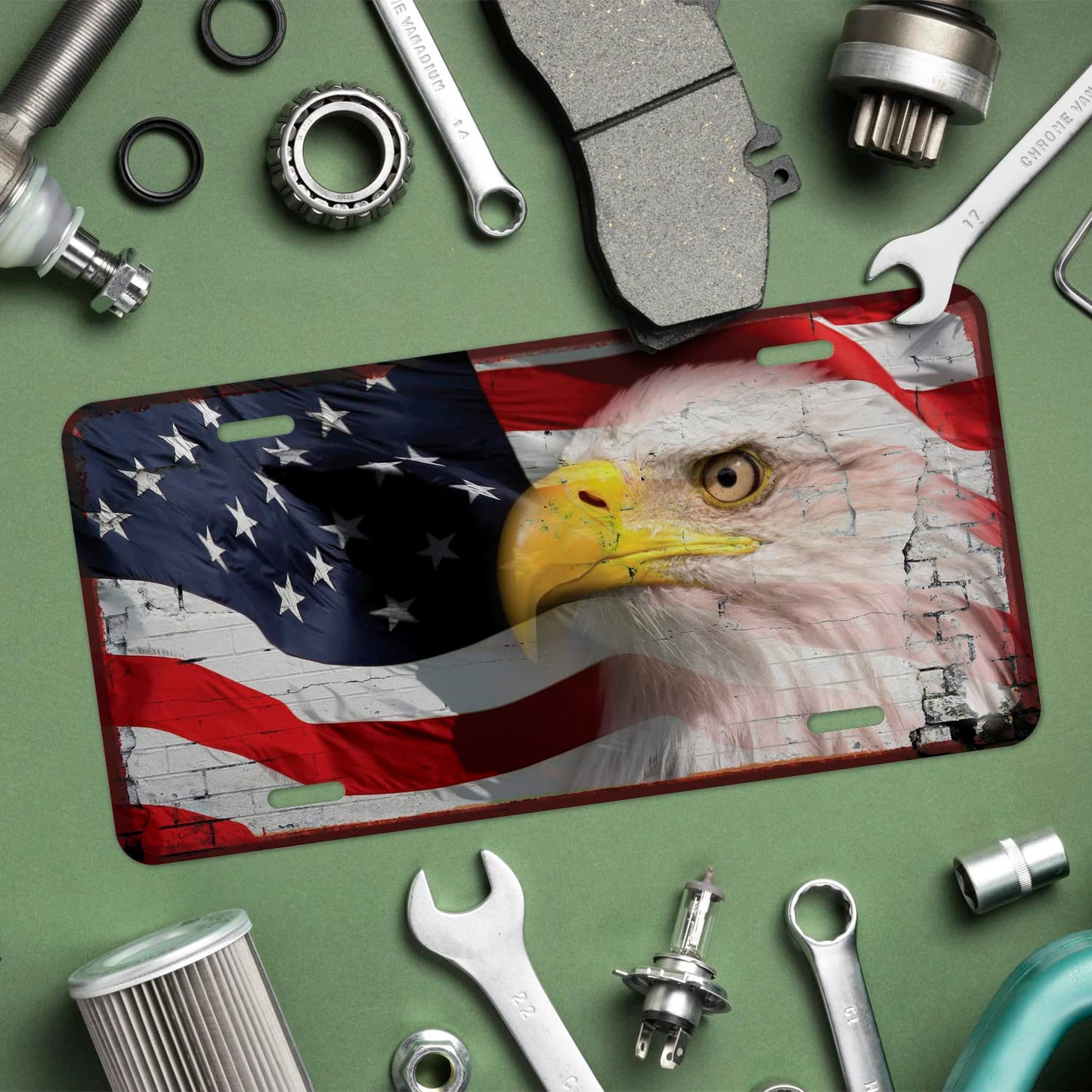 Decorative American Flag Front License Plate with Eagle Novelty Car Sign, 6x12 Inches, Rust Free .040 Aluminum, Fade Resistant, Made in USA