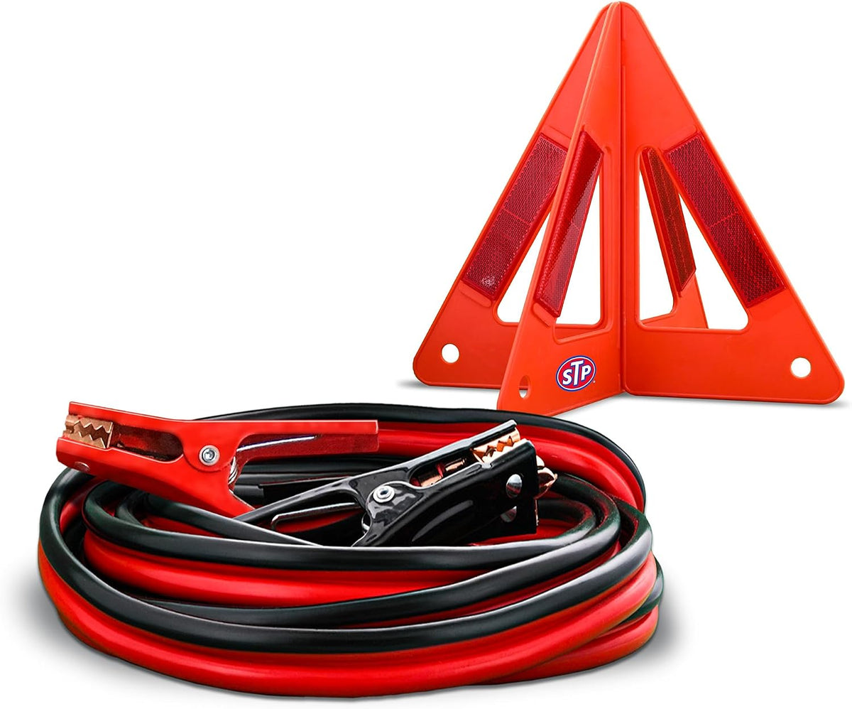 STP Jumper Cables for Car & Reflective Warning Triangle, 12-Foot 8-Guage Heavy Duty Jumper Cables to Jump Star Dead Batteries in Cars Trucks SUVs, Automotive Booster, Professional Vehicle Safety Kit