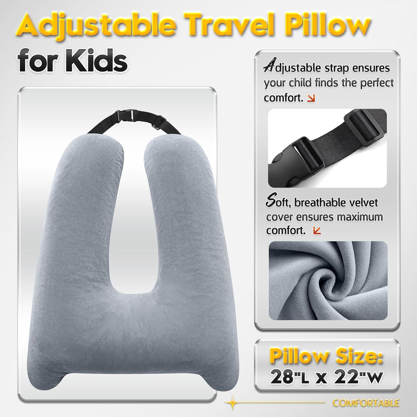 MAGIC ELEPHANT Travel Pillow for Car Sleeping, Car Pillow for Kids Travel and Adults, Neck Pillow and Road Trip Essentials for Kids, Light Grey