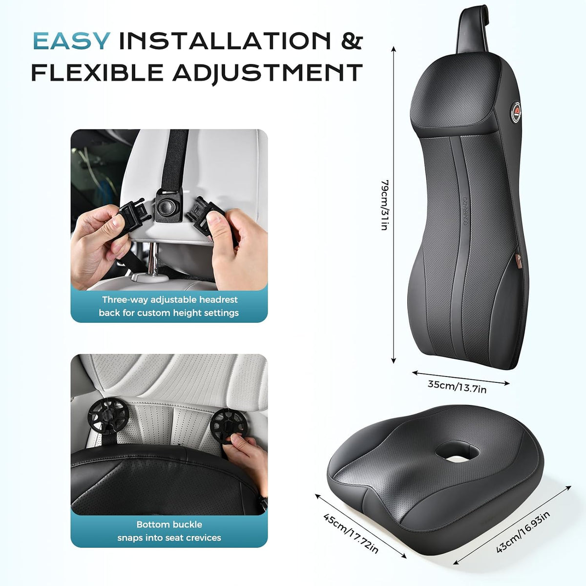 Coverado Car Seat Cushion and Lumbar Support Headrest Pillow, Integrated Ergonomic Memory Foam Back Support Neck Pillow, Soft Leather Breathable Driving Seat Cushion for Sciatica Pain Relief, Black