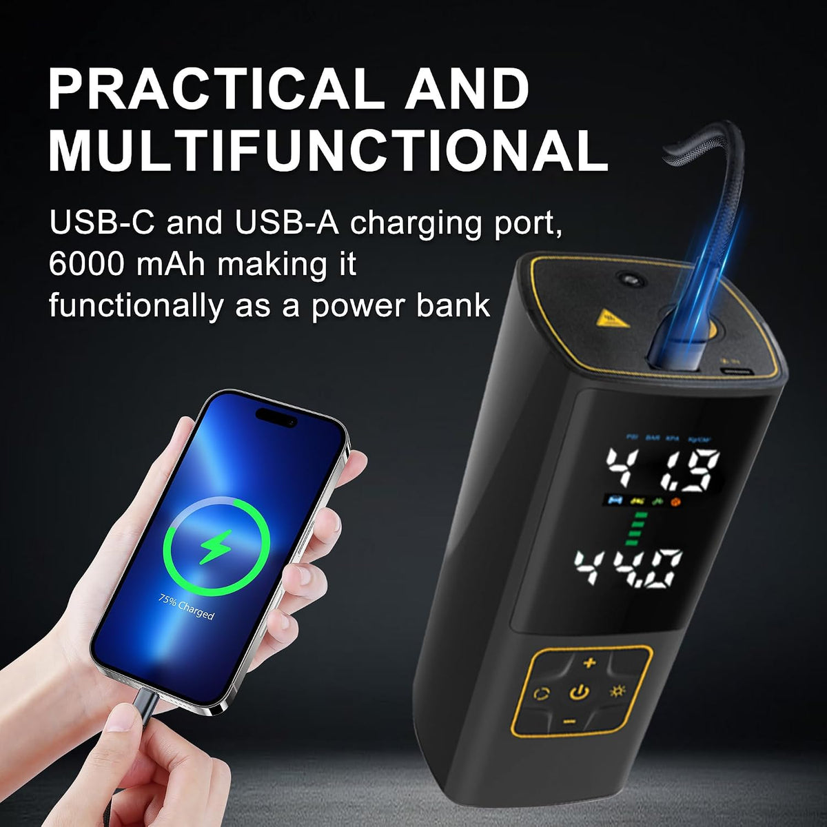 Tire Inflator Portable Air Compressor 150PSI Cordless Air Pump with Color Digital Pressure Gauge 3X Faster Inflation Rechargeable USB-C Power Bank LED Light for Car Motorcycle Bike Ball