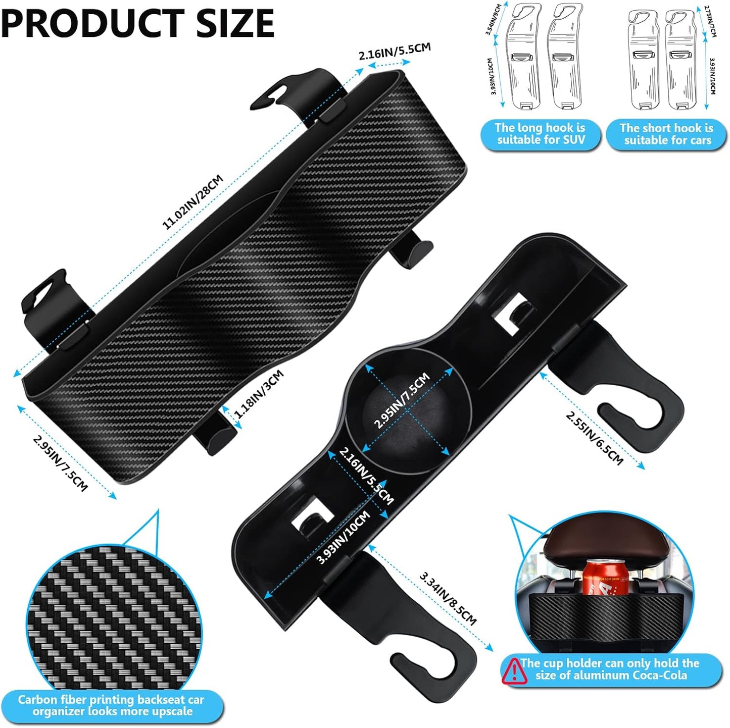 Backseat Car Organizer with Cup Holder - Multifunctional Back Seat Car Organizer with Two Seat Hooks, Fits Most Cars, Can Hold Snacks, Canned Drinks & Phones, Perfect for Travel