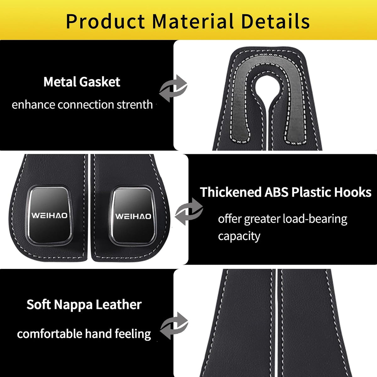 WEIHAO Wide Purse Hook for Car, Twin Hook Leather Car Headrest Hangers, Car Seat Back Storage Hook, Headrest Hooks Purse Bag Holder for Car Universal Fit Sedan Trucks SUVs Most Vehicles (Black-2PCS)