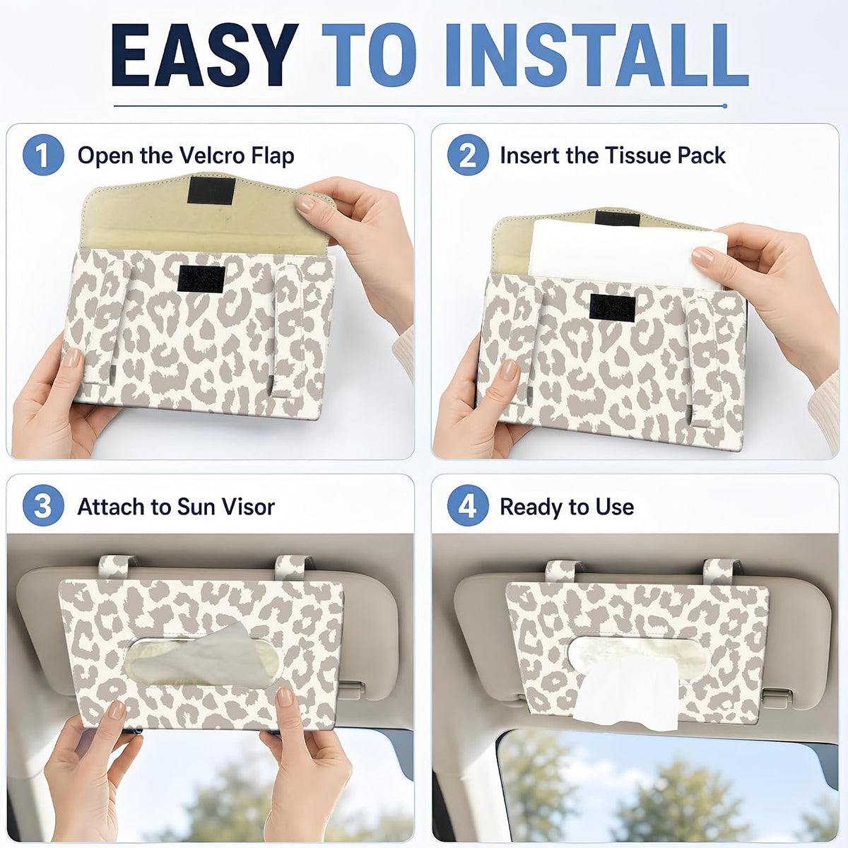 Car Tissue Holder, Cute Sun Visor Napkin Holder Backseat Tissue Case, PU Leather Tissue Box, Funny Car Accessories for Women Men Luxury Grey Leopard