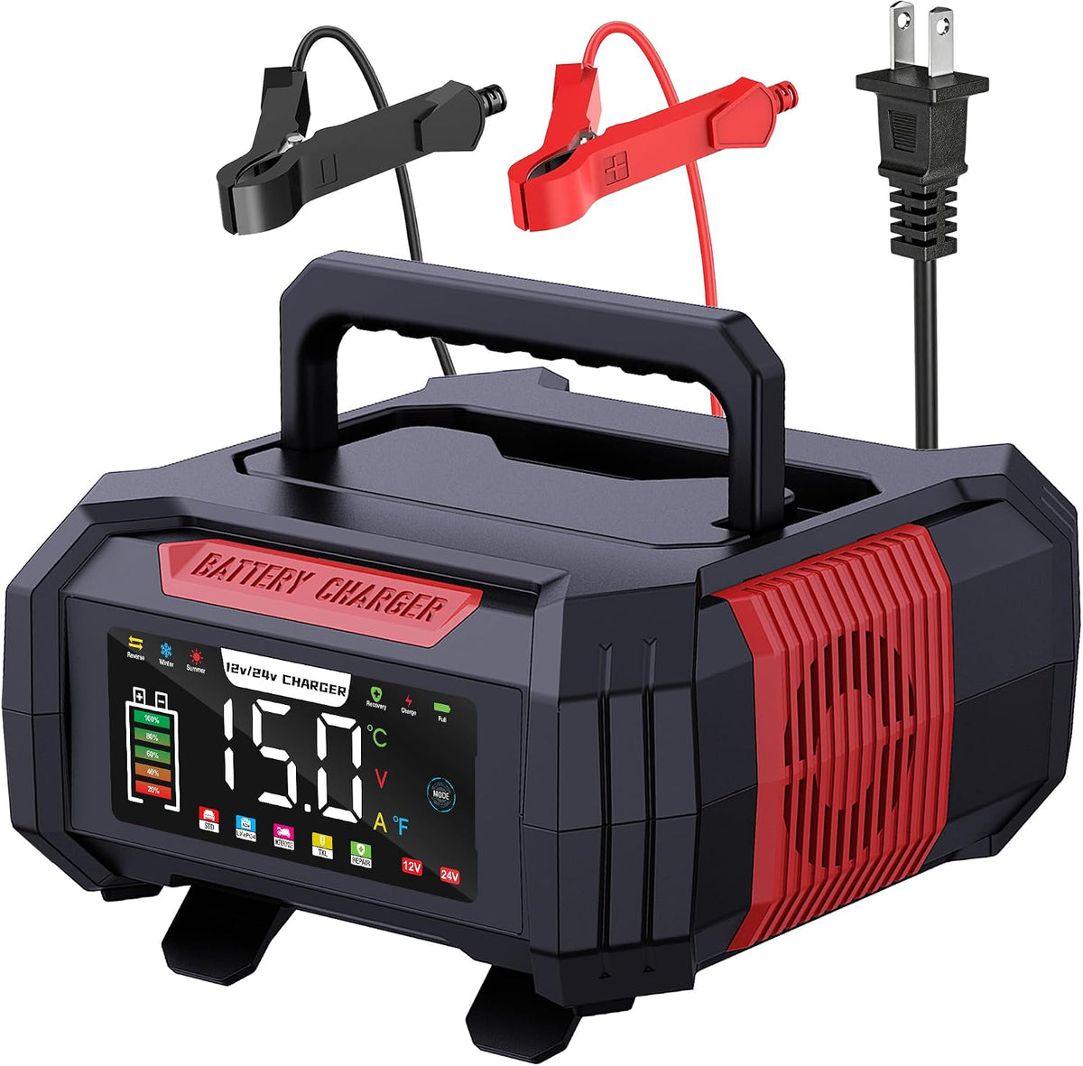 Car Battery Charger 15-Amp 12V/24V Smart Trickle Charger Fully Automatic