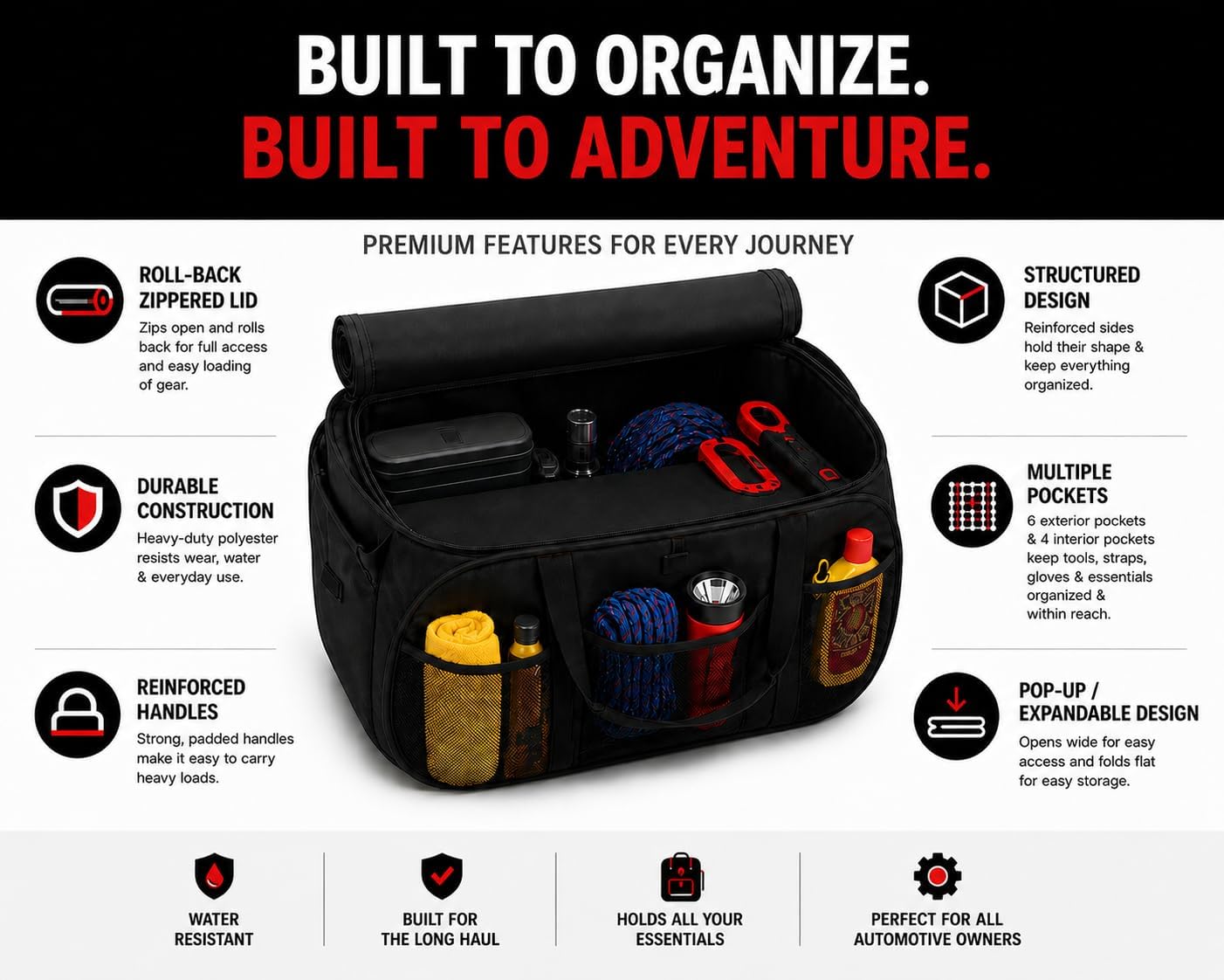 SR1 Performance USA C7 Corvette Trunk Organizer – Expandable Pop Up Collapsible Cargo Storage Caddy for 2014-2019 Chevrolet Corvettes – Black with Crossed Flags Logo