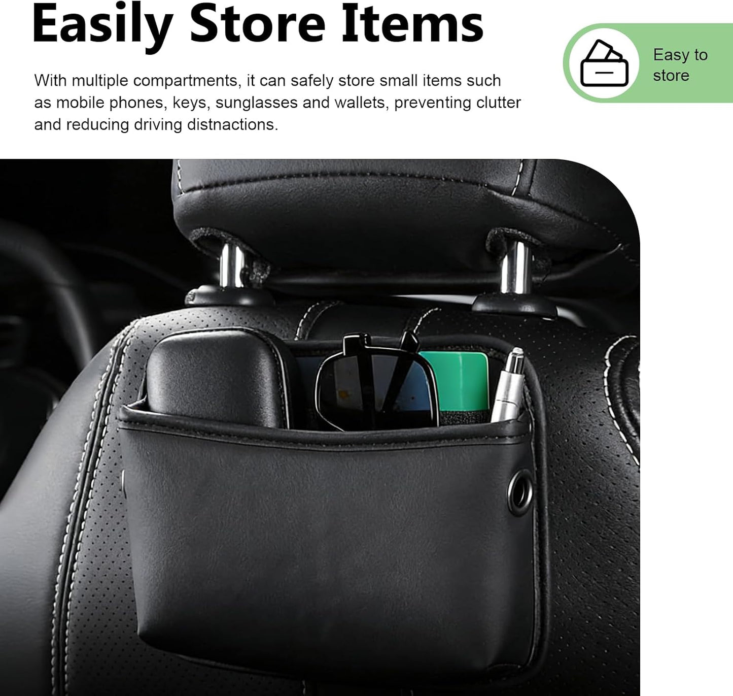 2 PCS Car Seat Side Storage Pocket, Leather Self-Adhesive Car Seat Storage Pouch, 5.94" x 7.44" Multifunctional Convenient Auto Organizer Bag for Phone Keys Sunglass &amp; Wallet (Black)