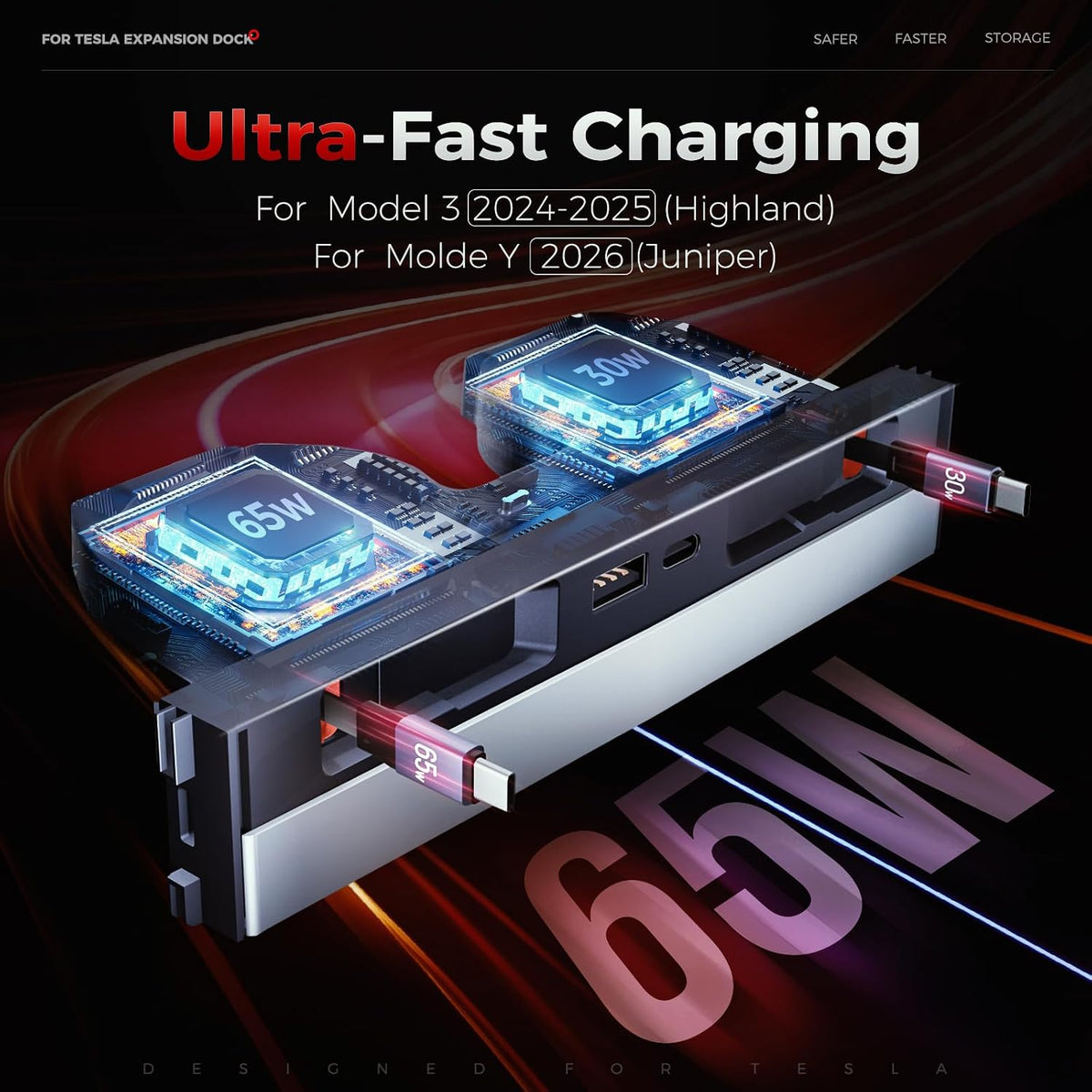 Upgrade 65W USB Charger Hub for Tesla Model 3 Highland 2024-2025 & New Model Y Juniper 2026 Accessories 4-Port Retractable Phone Charger 2 Type-C Fast Charging Cables USB Hub – Center Console